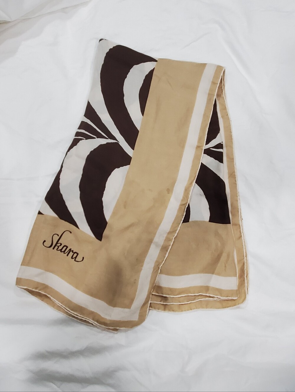 Vintage Skara Square Scarf 34x34 Brown Tan Cream Abstract Silky Feel